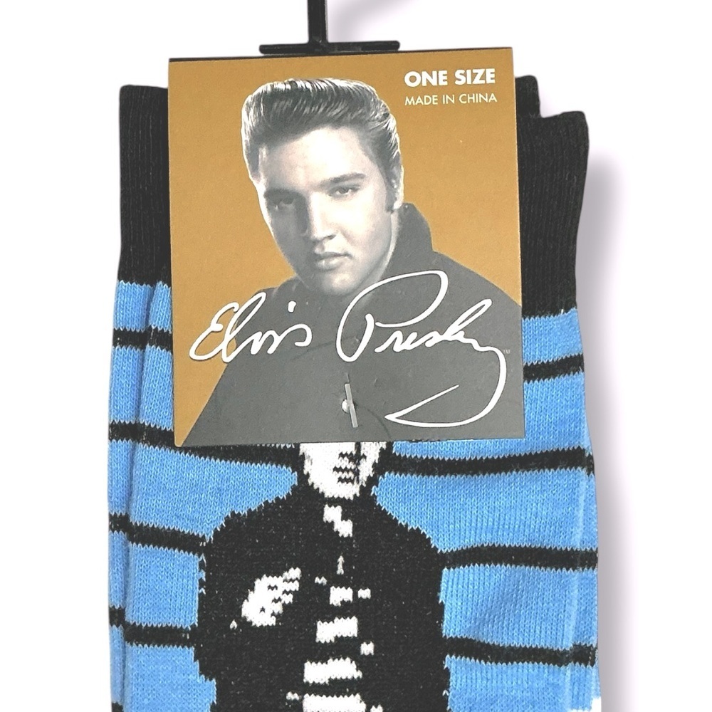 Elvis Presley Men’s Novelty Socks Blue Black Stripe Adult Unisex One Size NEW - Picture 2 of 15
